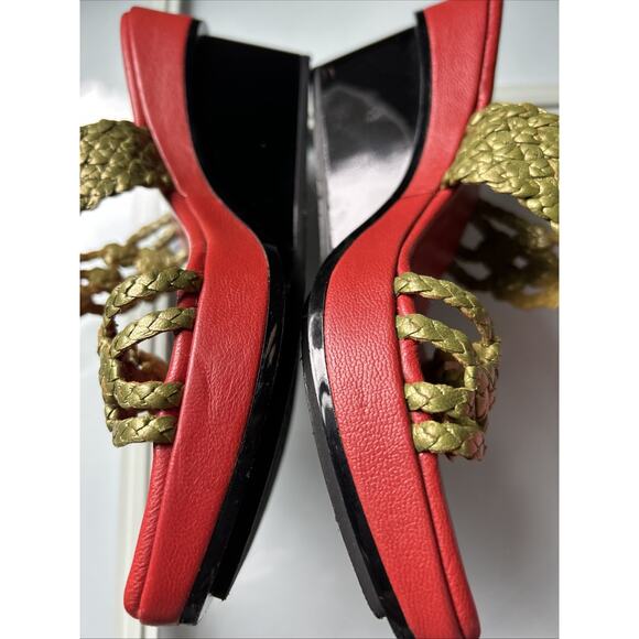 stephane kelian Paris WOVEN Leather Platform Sandals GOLD RED BLACK 6 1/2 7 euc - Picture 13 of 16